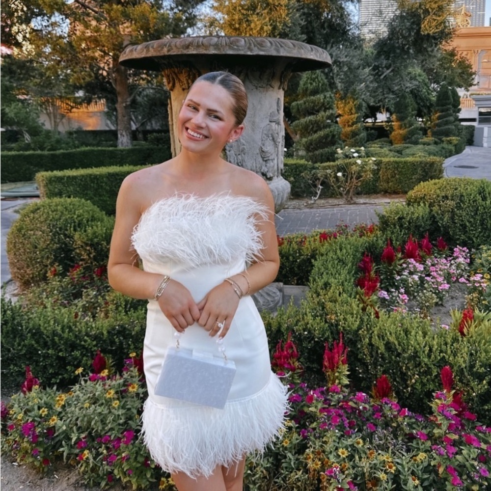 Bronx and Banco Lola Blanc Mini Ostrich Feather Strapless Dress White Bridal